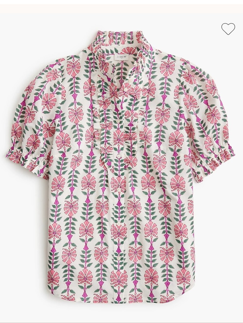 J.Crew Ruffle Placket Cotton Pink Floral Blouse Large